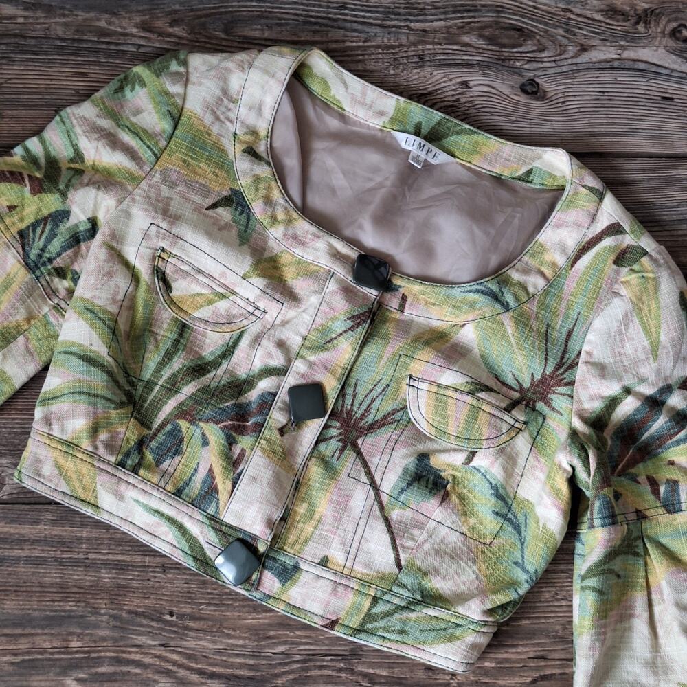 LIMPE Women's Small Bolero Cropped Tropical Jacket Square Buttons Linen? Silk?